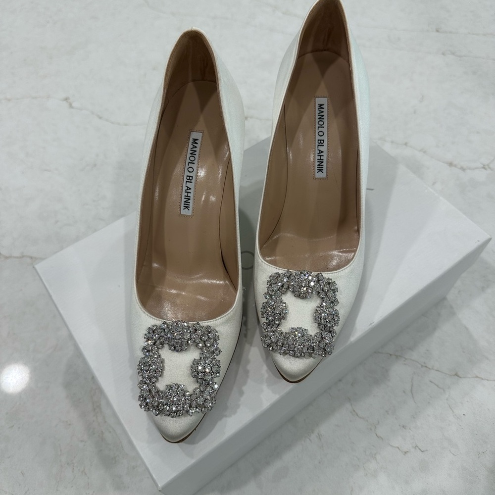 Manolo Blahnik White Heels with Crystal Buckle
